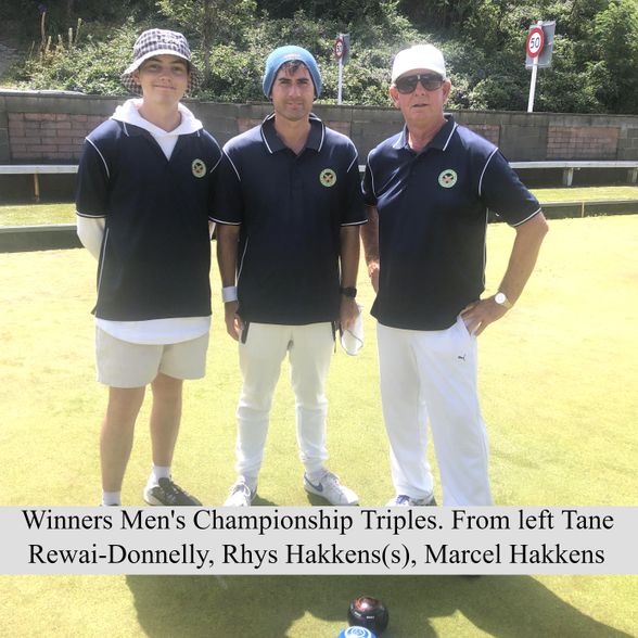 Winners Men's Championship Triples 2022-23. From left Tane Rewai-Donne